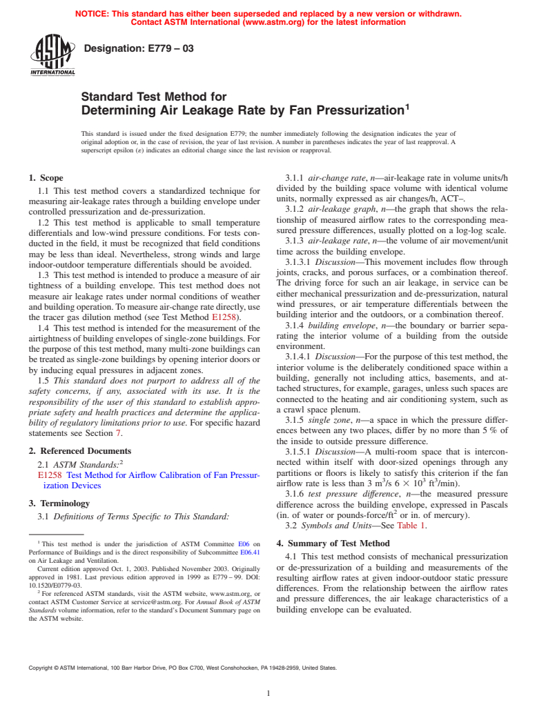 ASTM E779-03 - Standard Test Method for Determining Air Leakage Rate by Fan Pressurization