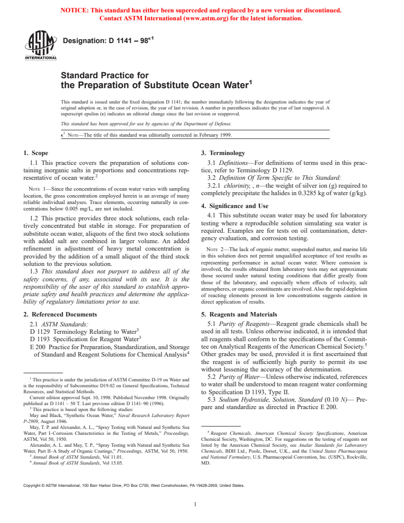 ASTM D1141-98e1 - Standard Practice for the Preparation of Substitute Ocean Water