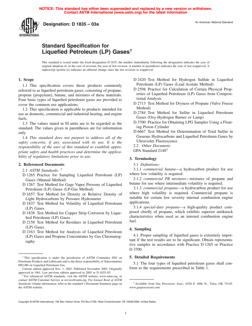 ASTM D1835-03a - Standard Specification for Liquefied Petroleum (LP) Gases