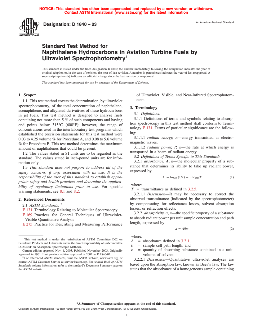 ASTM D1840-03 - Standard Test Method for Naphthalene Hydrocarbons in Aviation Turbine Fuels by Ultraviolet Spectrophotometry