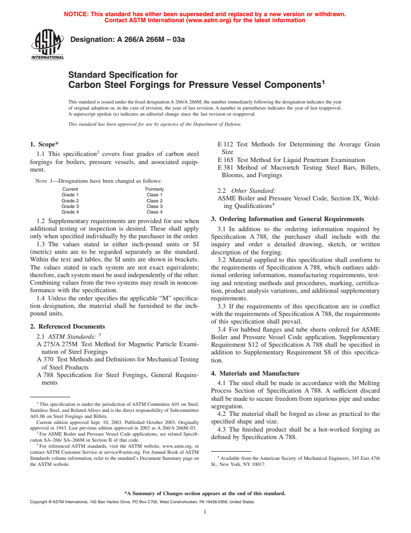 ASTM A266/A266M-03a - Standard Specification for Carbon Steel Forgings for Pressure Vessel Components