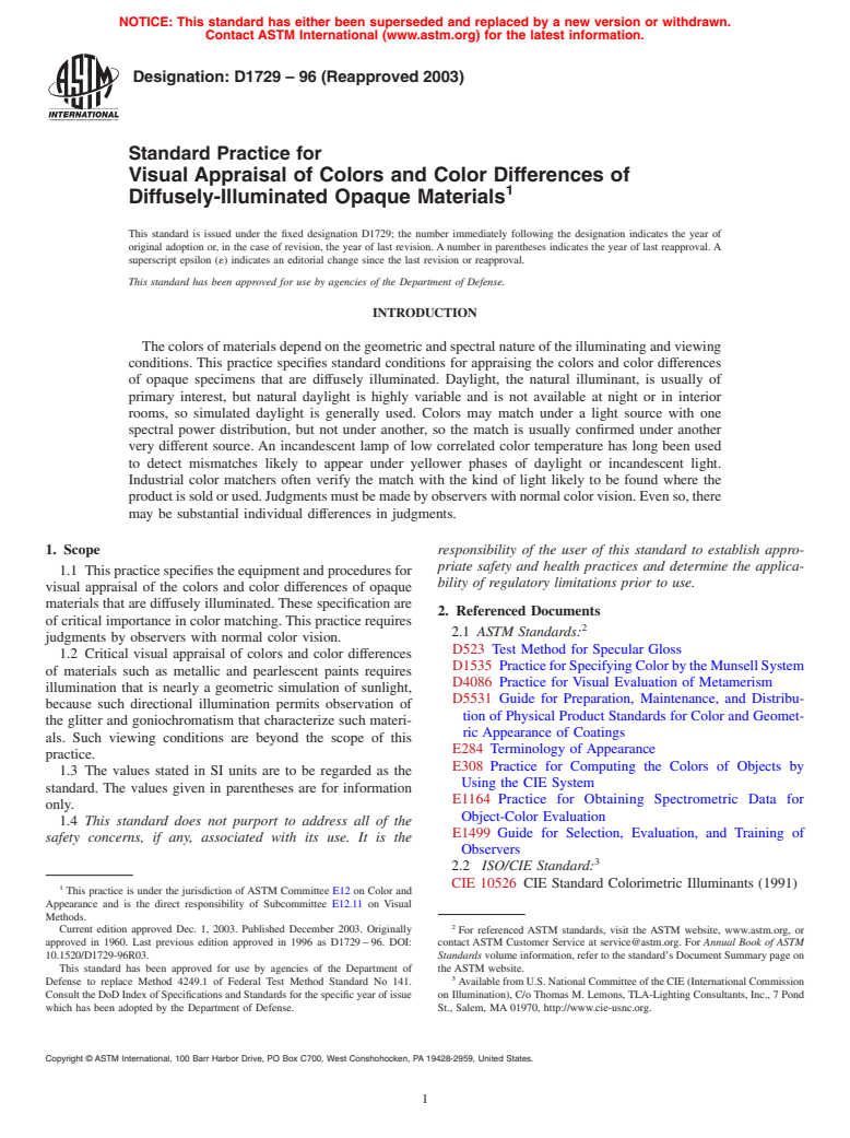 ASTM D1729-96(2003) - Standard Practice for Visual Appraisal of Colors and Color Differences of Diffusely-Illuminated Opaque Materials