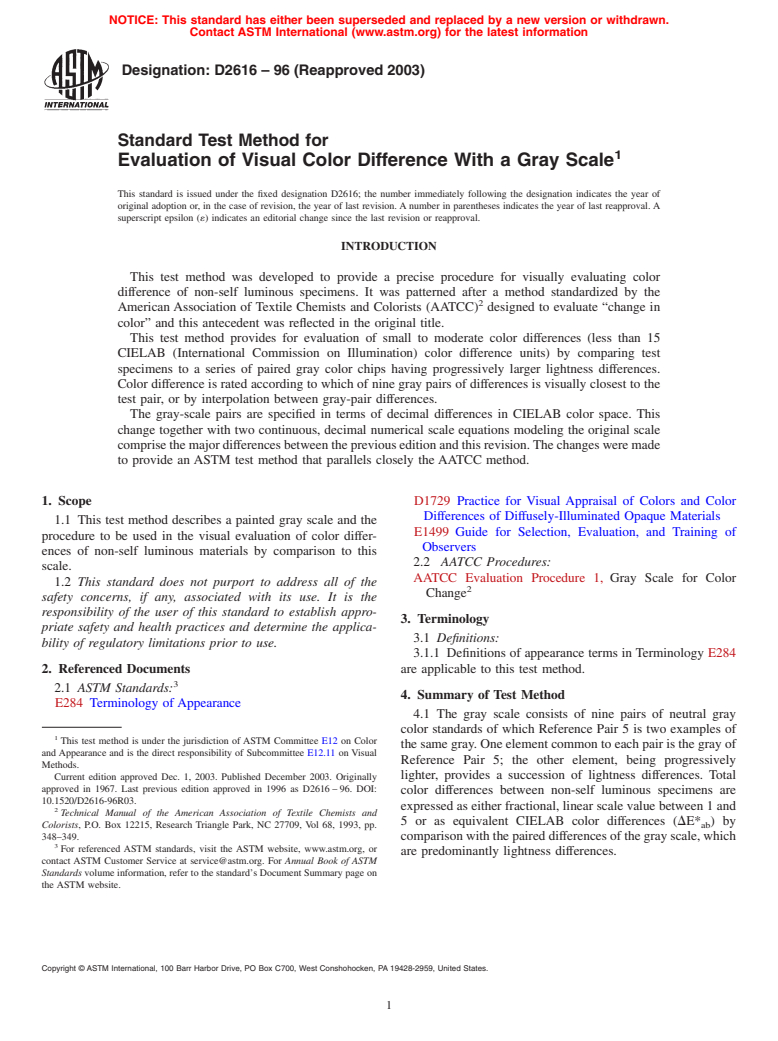 ASTM D2616-96(2003) - Standard Test Method for Evaluation of Visual Color Difference With a Gray Scale (Withdrawn 2012)