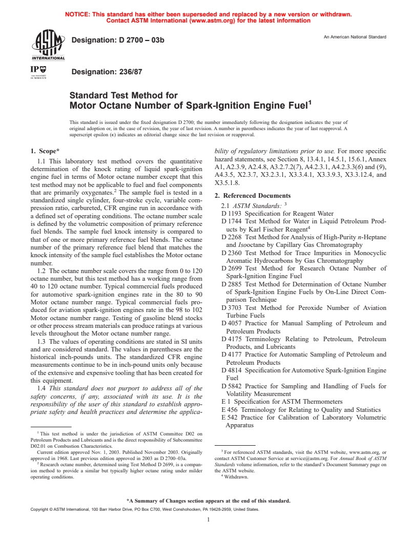 ASTM D2700-03b - Standard Test Method for Motor Octane Number of Spark-Ignition Engine Fuel