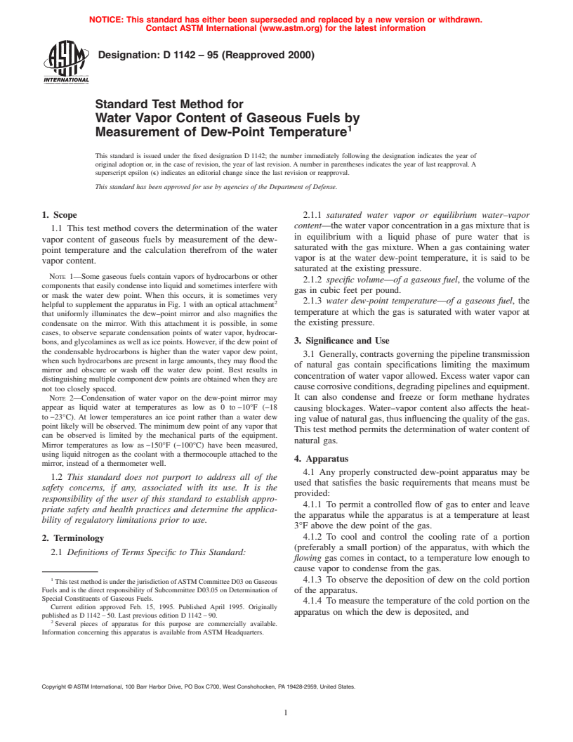 ASTM D1142-95(2000) - Standard Test Method for Water Vapor Content of Gaseous Fuels by Measurement of Dew-Point Temperature