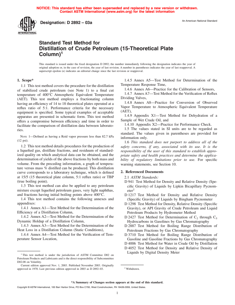 ASTM D2892-03a - Standard Test Method for Distillation of Crude Petroleum (15-Theoretical Plate Column)