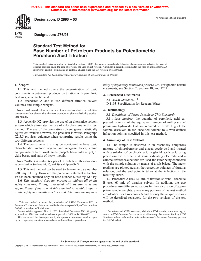 ASTM D2896-03 - Standard Test Method for Base Number of Petroleum Products by Potentiometric Perchloric Acid Titration