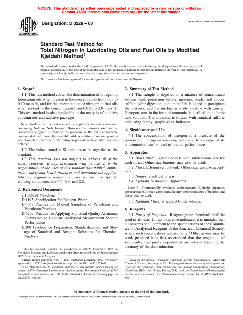 ASTM D3228-03 - Standard Test Method for Total Nitrogen in Lubricating Oils and Fuel Oils by Modified Kjeldahl Method