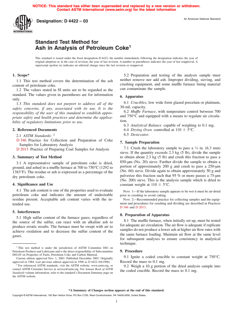 ASTM D4422-03 - Standard Test Method for Ash in Analysis of Petroleum Coke