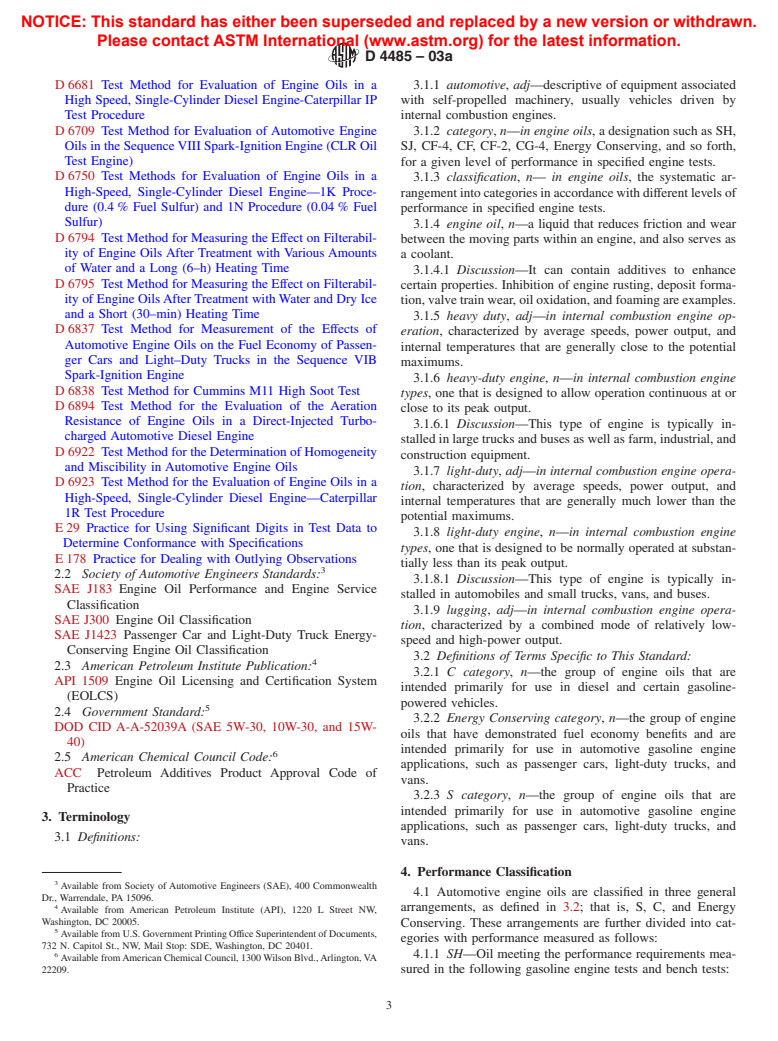 ASTM D4485-03a - Standard Specification for Performance of Engine Oils