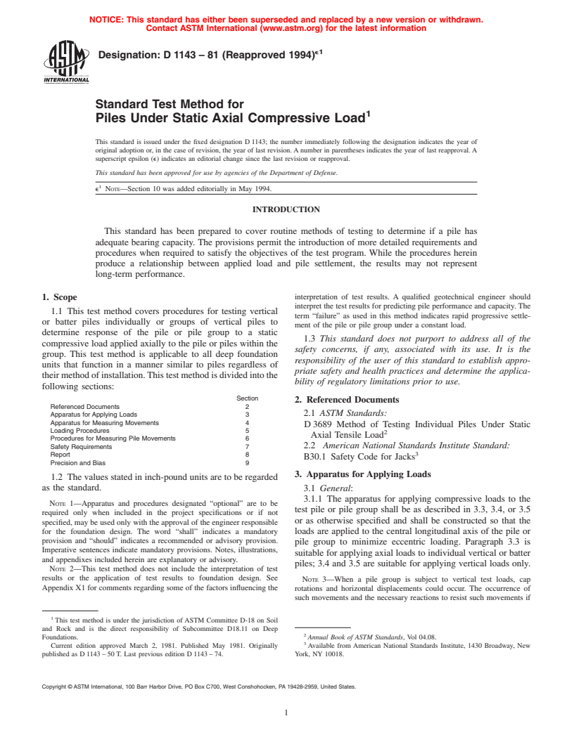 ASTM D1143-81(1994)e1 - Standard Test Method for Piles Under Static Axial Compressive Load (Withdrawn 2006)