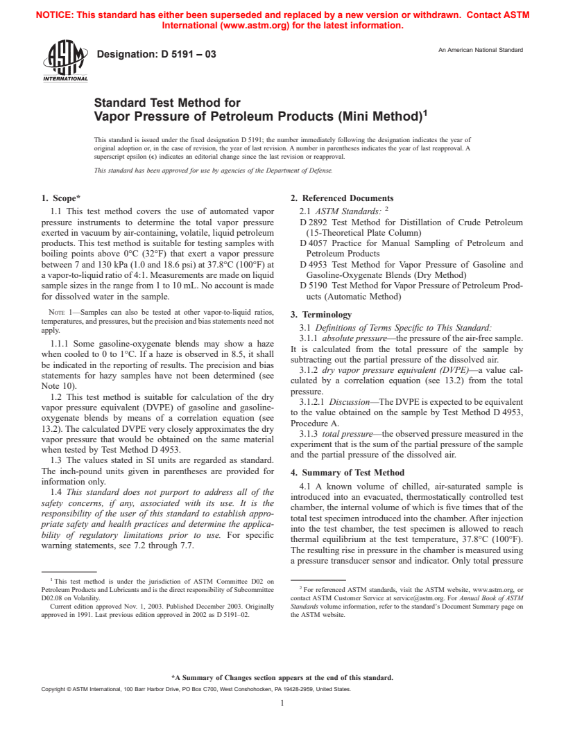 ASTM D5191-03 - Standard Test Method for Vapor Pressure of Petroleum Products (Mini Method)