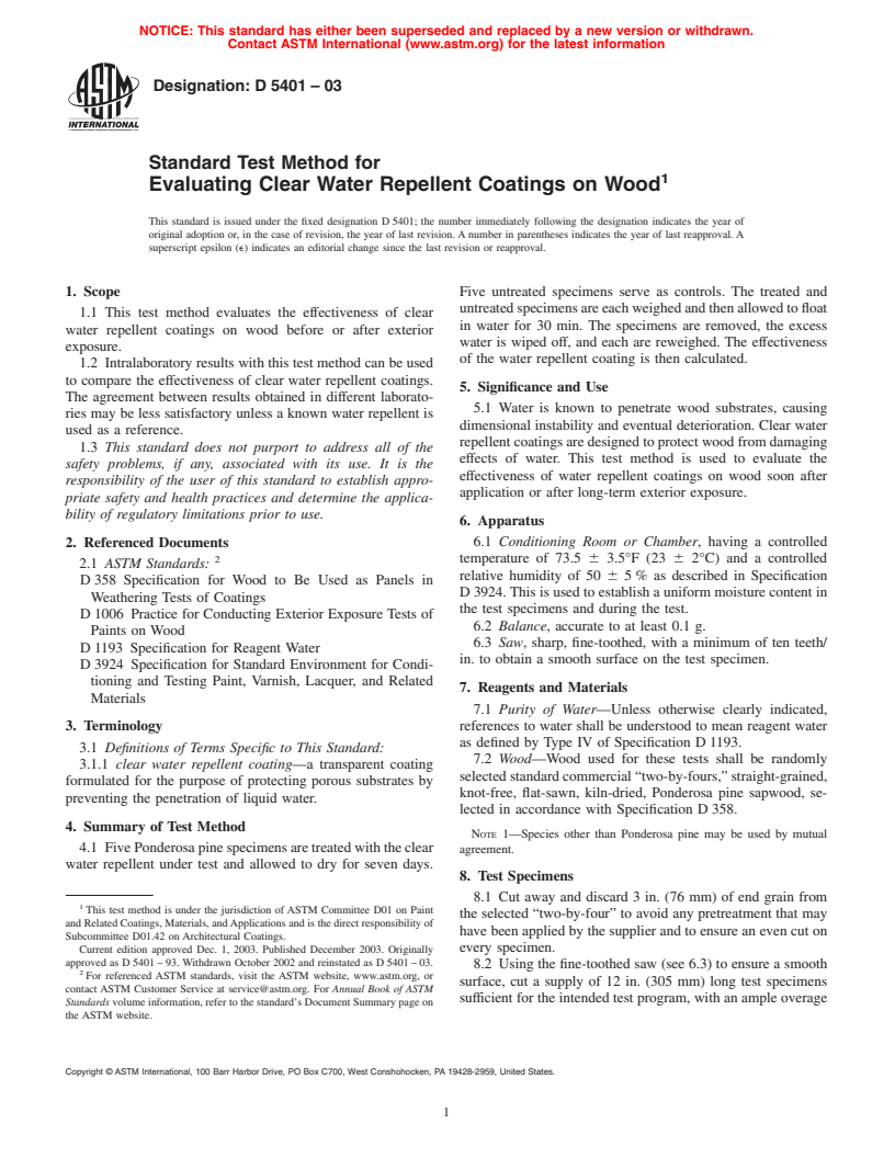 ASTM D5401-03 - Standard Test Method for Evaluating Clear Water Repellent Coatings on Wood