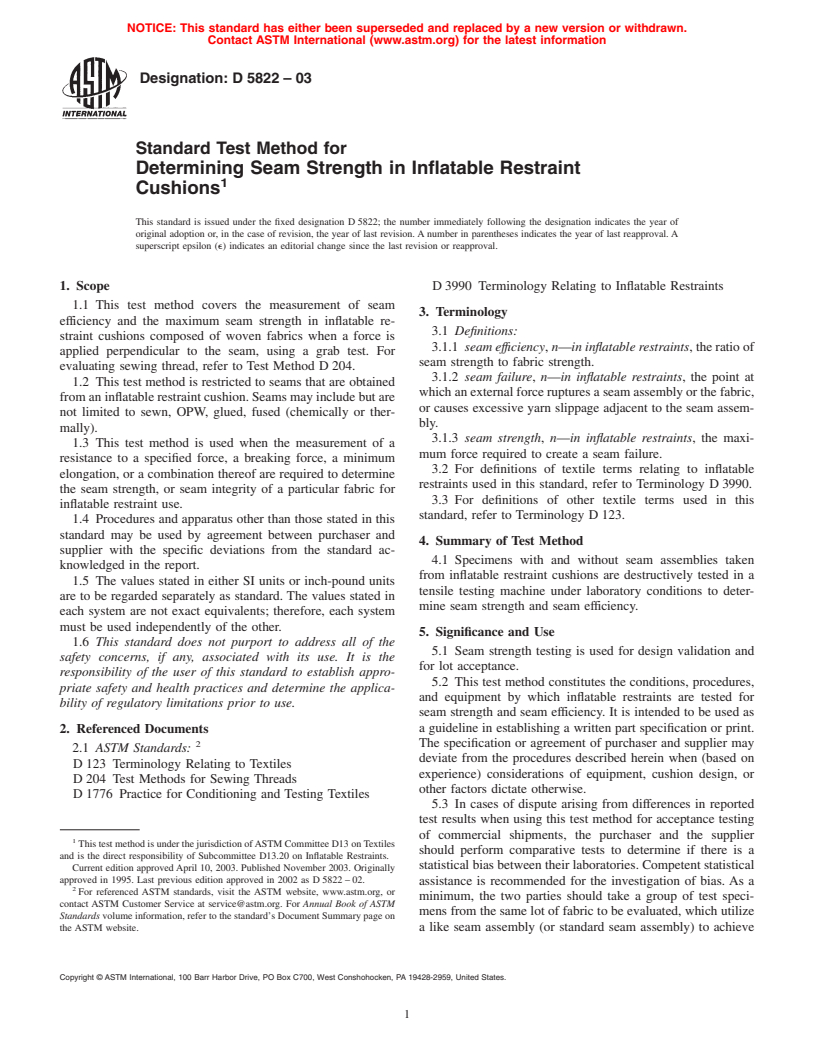 ASTM D5822-03 - Standard Test Method for Determining Seam Strength in Inflatable Restraint Cushions