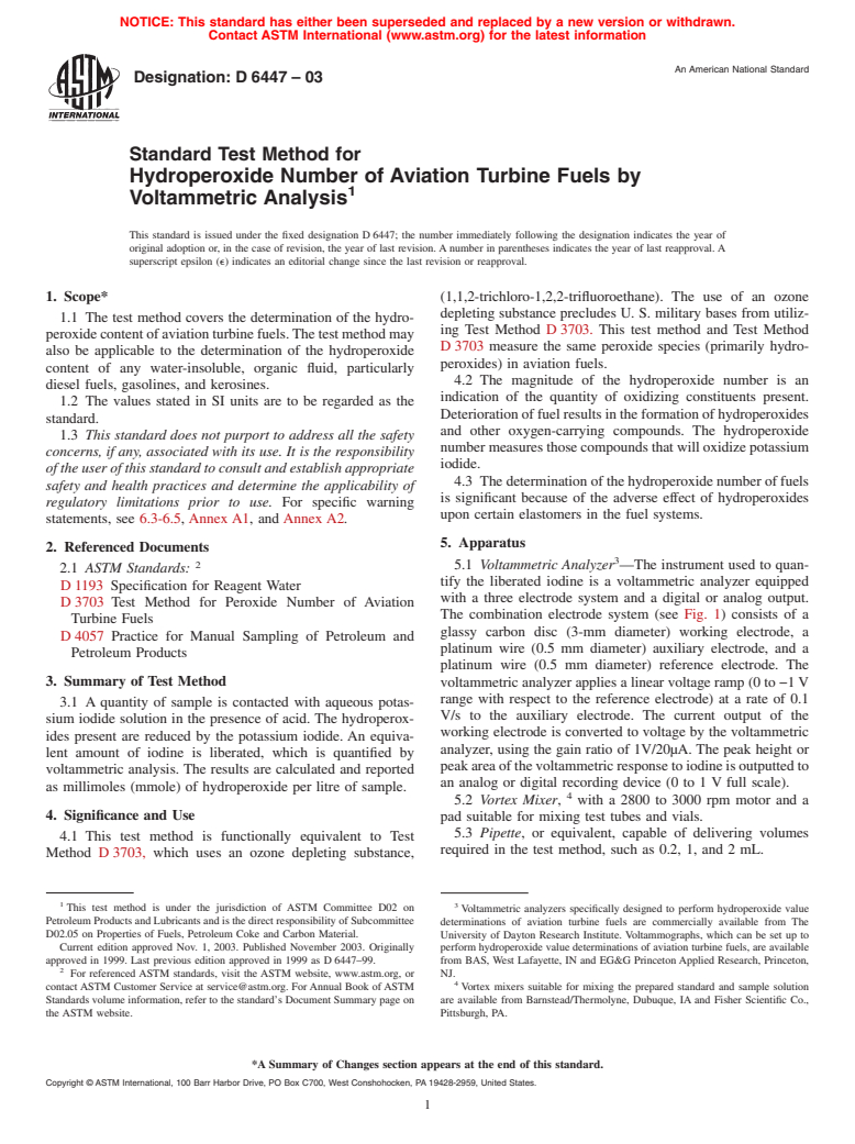 ASTM D6447-03 - Standard Test Method for Hydroperoxide Number of Aviation Turbine Fuels by Voltammetric Analysis