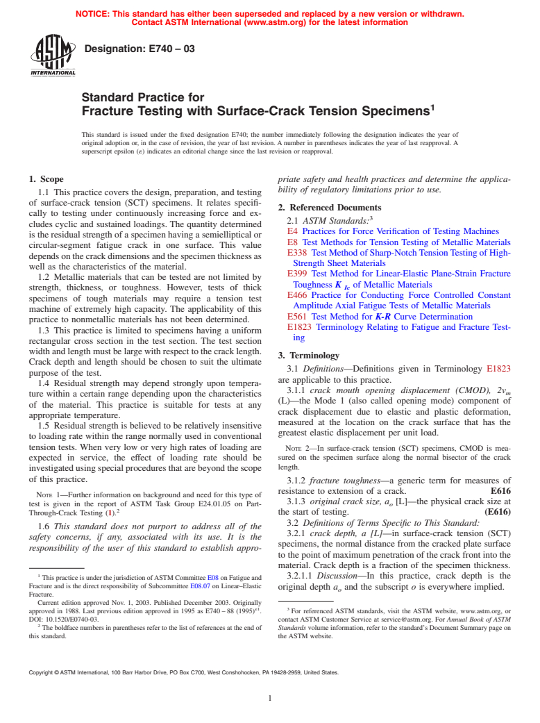 ASTM E740-03 - Standard Practice for Fracture Testing with Surface-Crack Tension Specimens