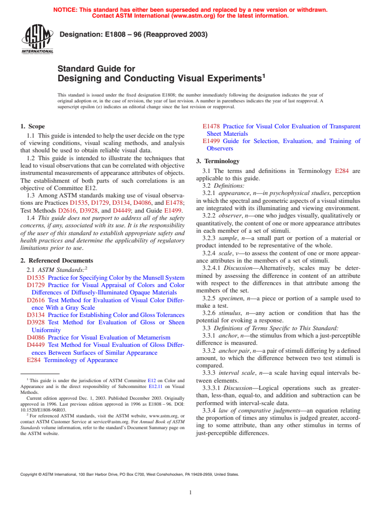 ASTM E1808-96(2003) - Standard Guide for Designing and Conducting Visual Experiments