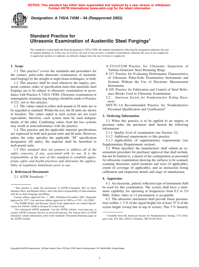 ASTM A745/A745M-94(2003) - Standard Practice for Ultrasonic Examination of Austenitic Steel Forgings