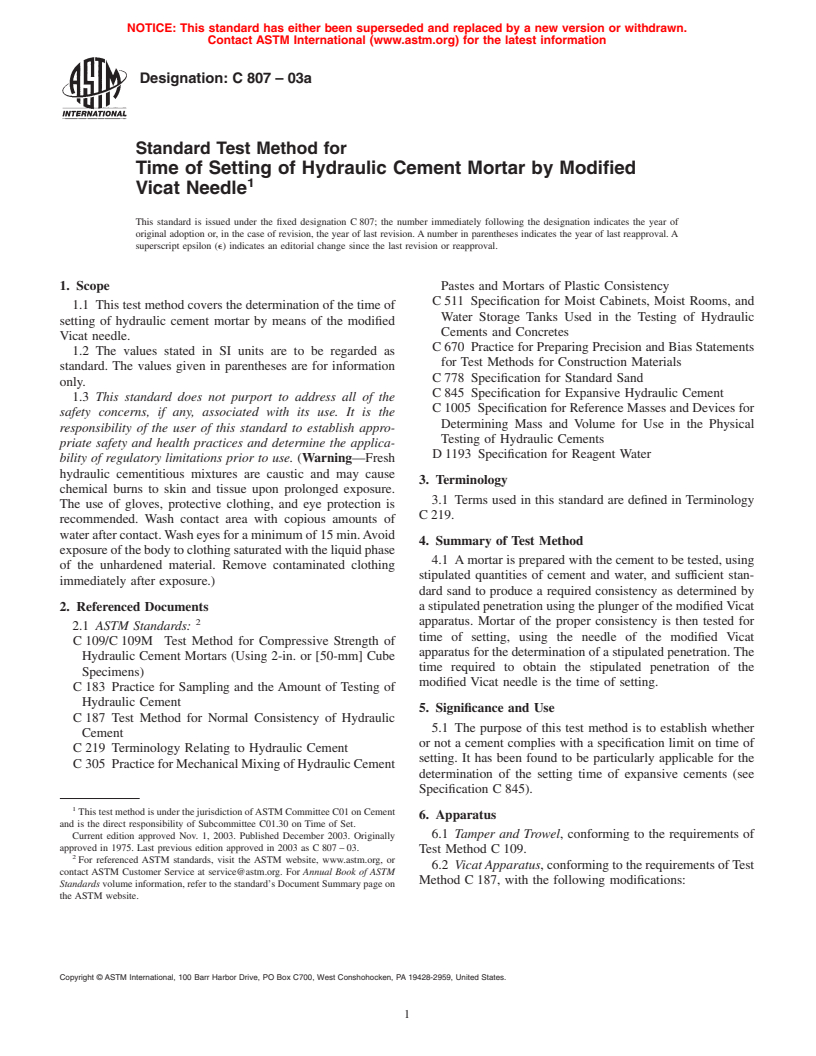 ASTM C807-03a - Standard Test Method for Time of Setting of Hydraulic Cement Mortar by Modified Vicat Needle