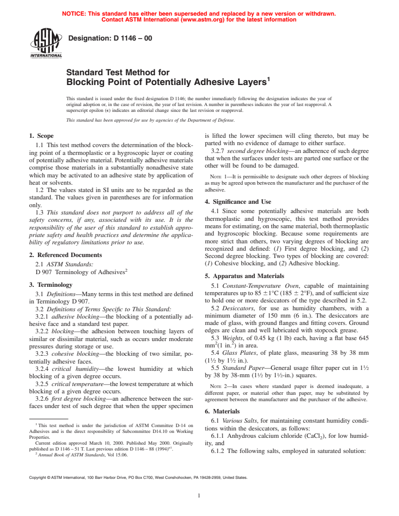 ASTM D1146-00 - Standard Test Method for Blocking Point of Potentially Adhesive Layers