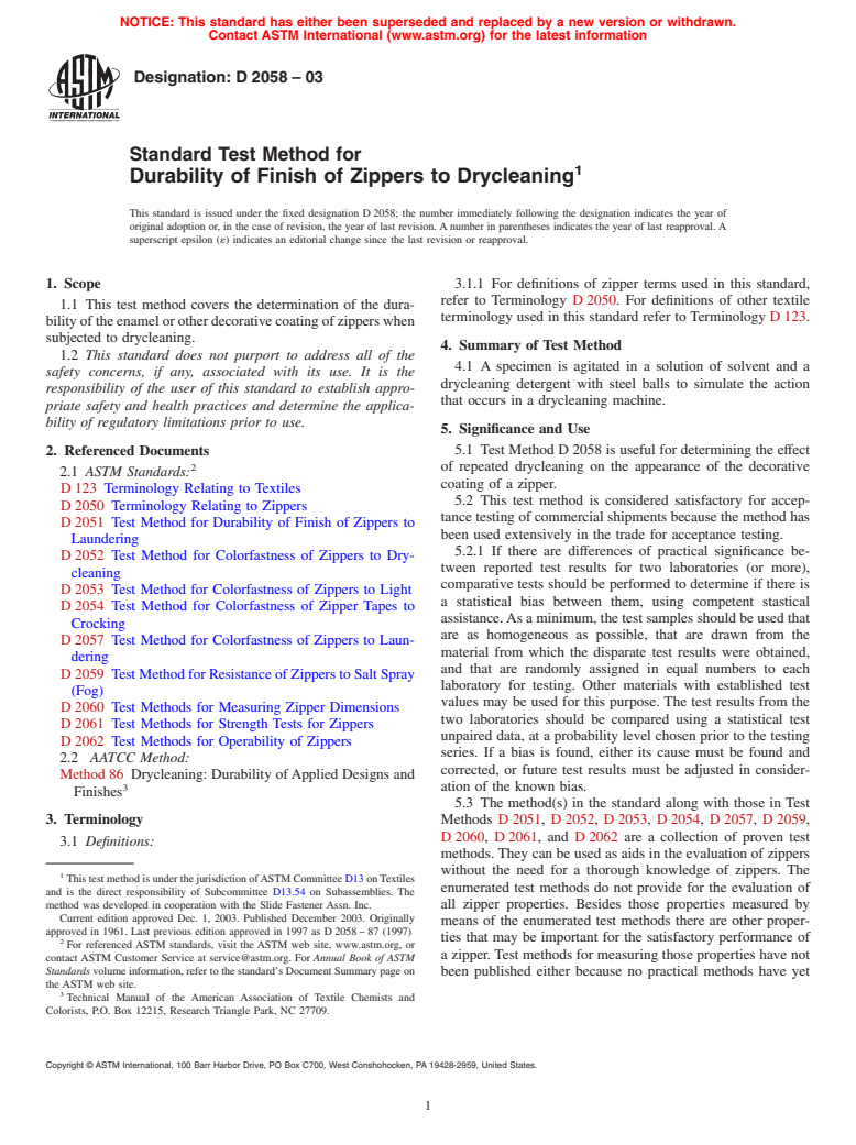 ASTM D2058-03 - Standard Test Method for Durability of Finish of Zippers to Drycleaning