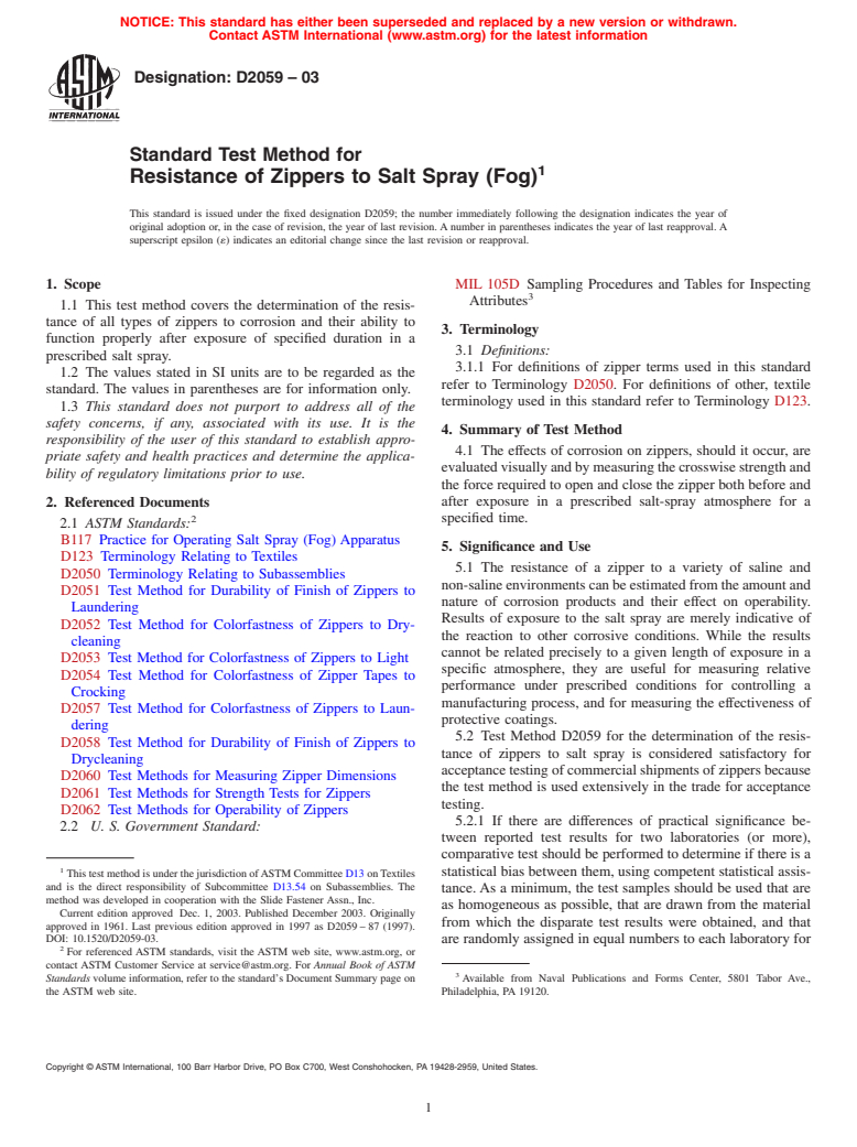 ASTM D2059-03 - Standard Test Method for Resistance of Zippers to Salt Spray (Fog)