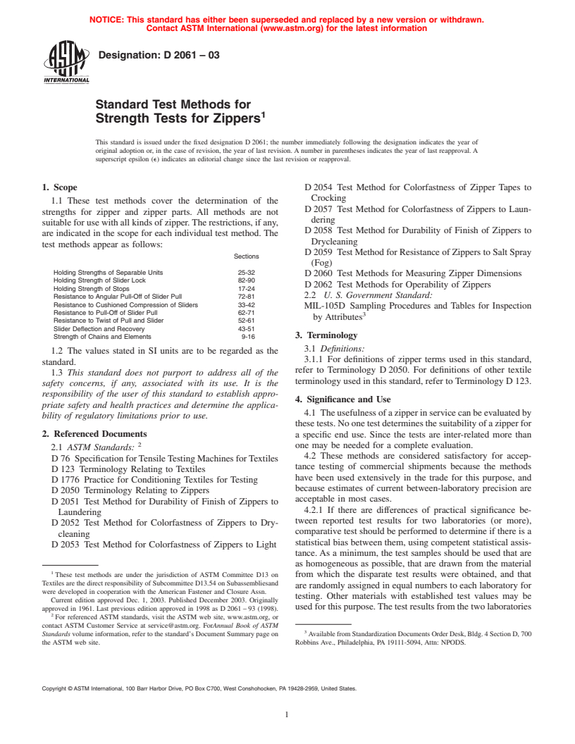 ASTM D2061-03 - Standard Test Methods for Strength Tests for Zippers