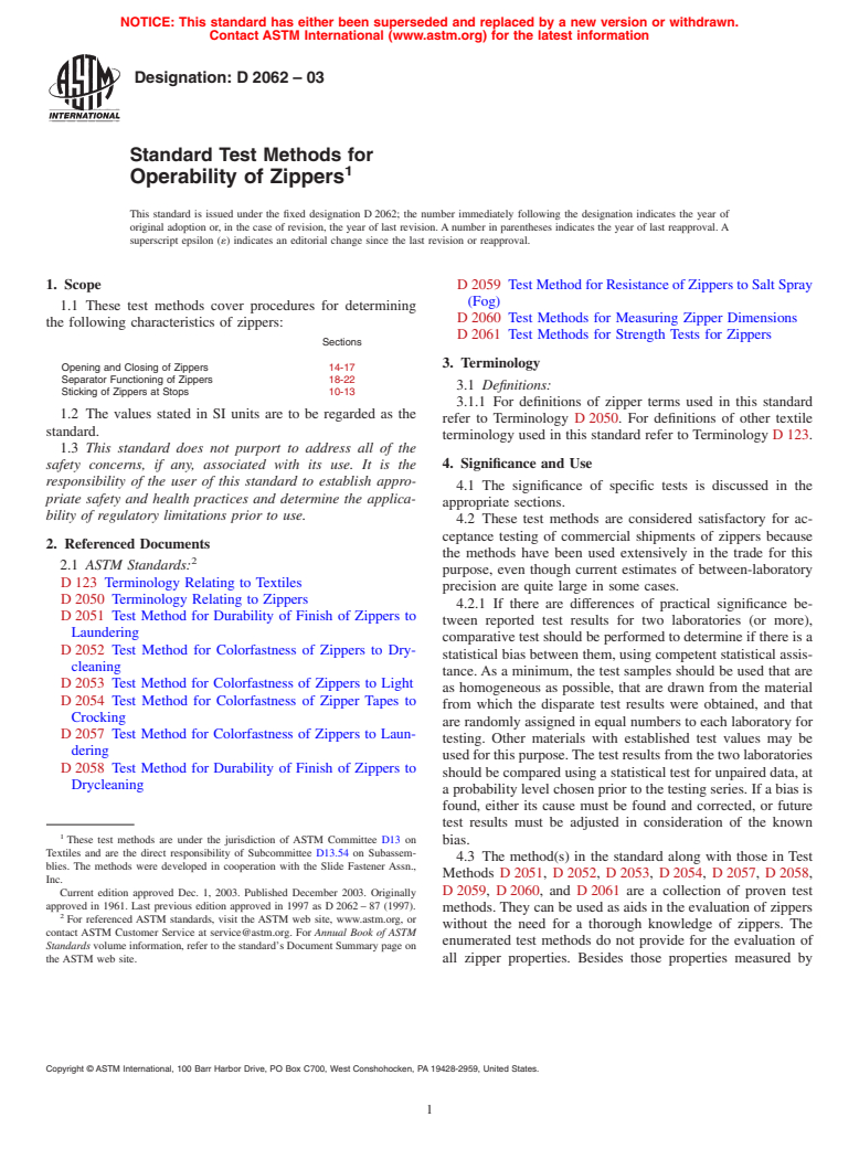 ASTM D2062-03 - Standard Test Methods for Operability of Zippers