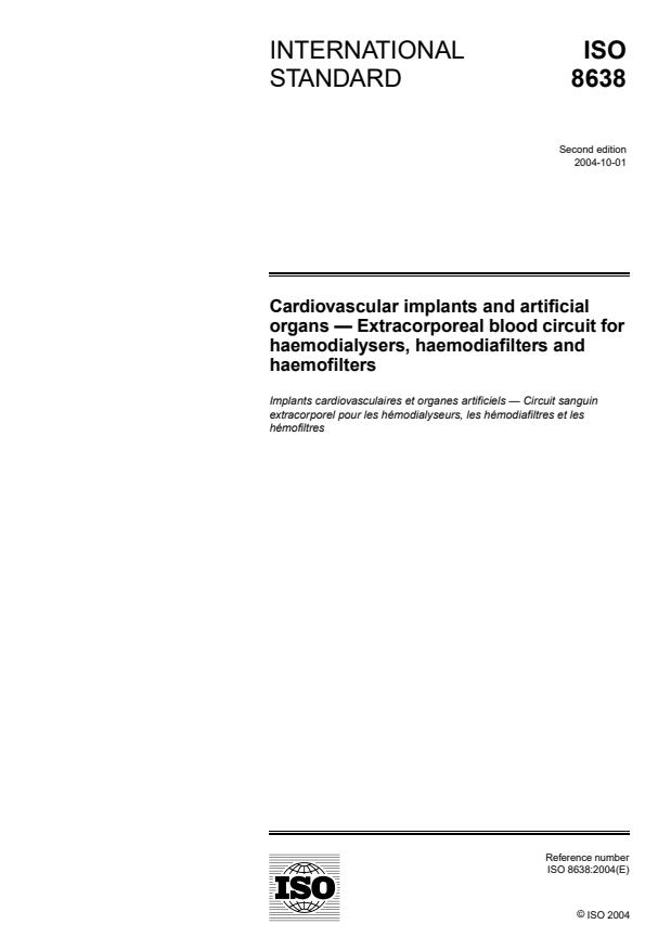 ISO 8638:2004 - Cardiovascular implants and artificial organs -- Extracorporeal blood circuit for haemodialysers, haemodiafilters and haemofilters