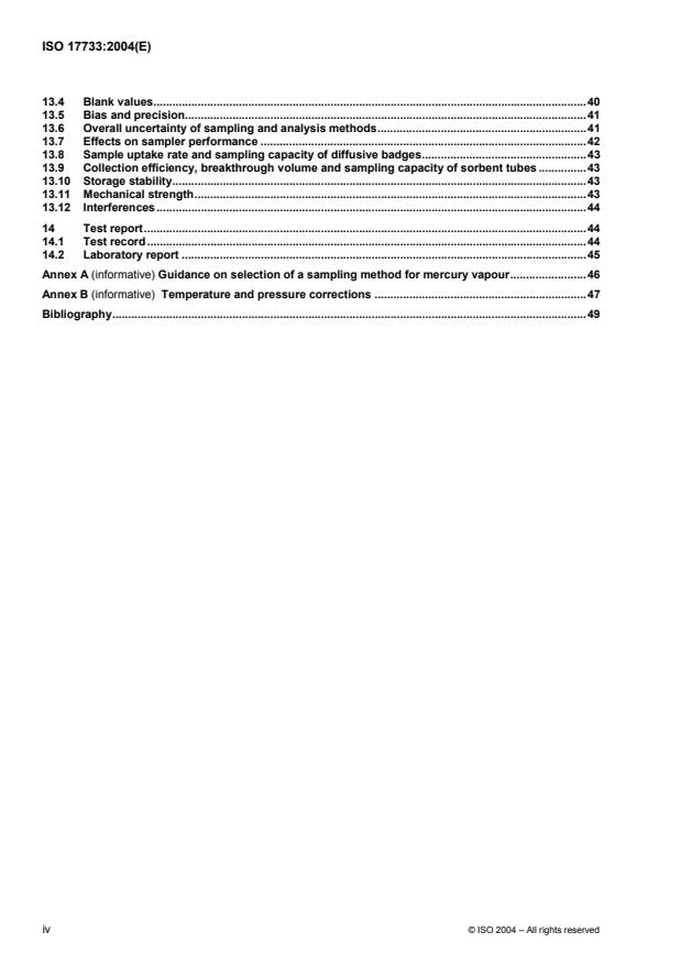 ISO 17733:2004 ISO 17733:2004 - Workplace air -- Determination of mercury and inorganic mercury compounds -- Method by cold-vapour atomic absorption spectrometry or atomic fluorescence spectrometry - Page 4 preview