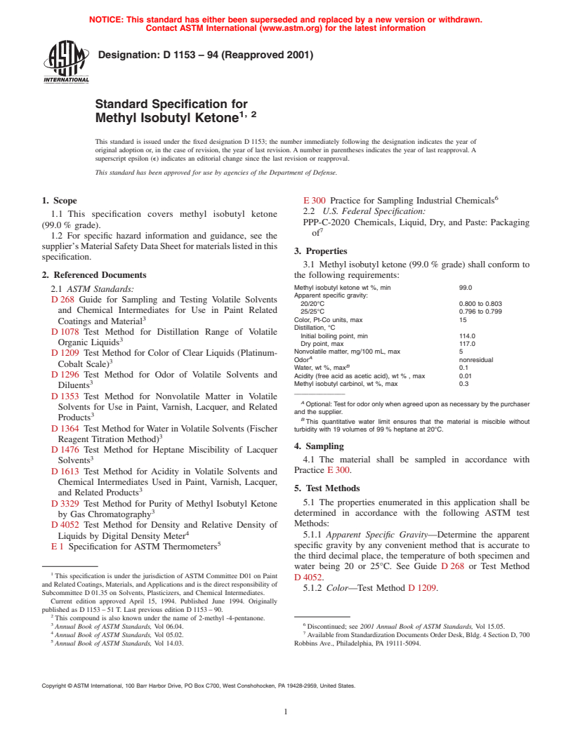 ASTM D1153-94(2001) - Standard Specification for Methyl Isobutyl Ketone