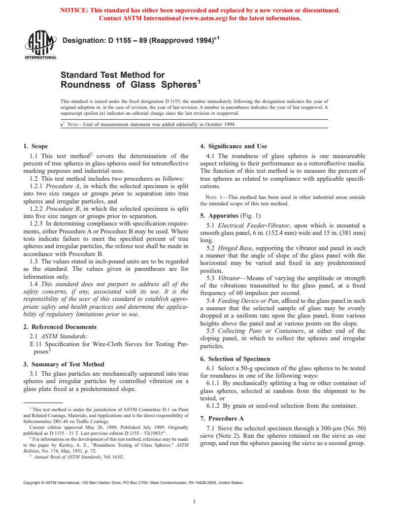 ASTM D1155-89(1994)e1 - Standard Test Method for Roundness of Glass Spheres (Withdrawn 2003)