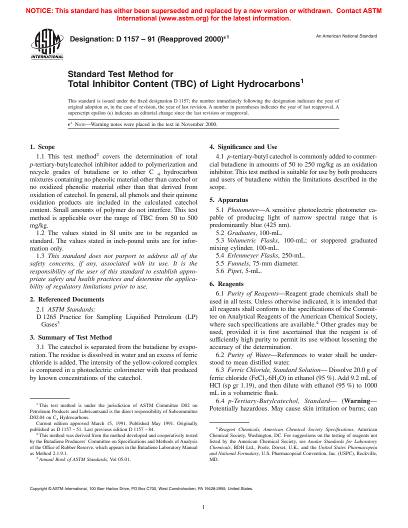 ASTM D1157-91(2000)e1 - Standard Test Method for Total Inhibitor Content (TBC) of Light Hydrocarbons