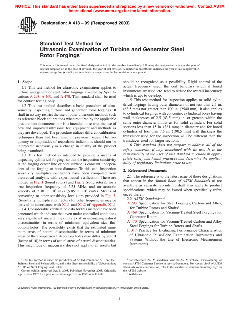 ASTM A418-99(2003) - Standard Test Method for Ultrasonic Examination of Turbine and Generator Steel Rotor Forgings