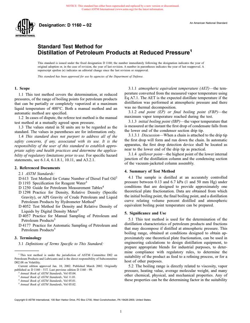 ASTM D1160-02 - Standard Test Method for Distillation of Petroleum Products at Reduced Pressure