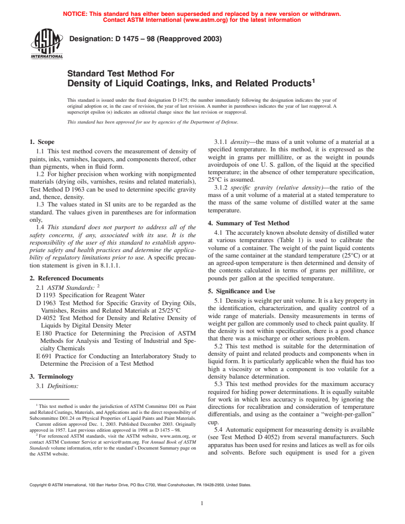 ASTM D1475-98(2003) - Standard Test Method for Density of Liquid Coatings, Inks, and Related Products