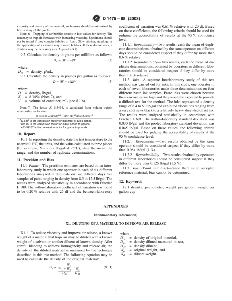 ASTM D1475-98(2003) - Standard Test Method for Density of Liquid Coatings, Inks, and Related Products