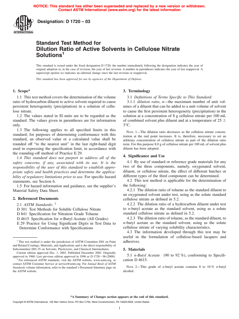 ASTM D1720-03 - Standard Test Method for Dilution Ratio of Active Solvents in Cellulose Nitrate Solutions