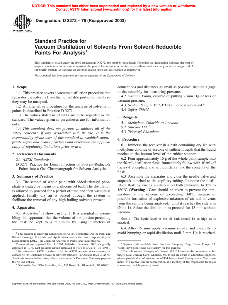 ASTM D3272-76(2003) - Standard Practice for Vacuum Distillation of Solvents From Solvent-Reducible Paints For Analysis (Withdrawn 2008)