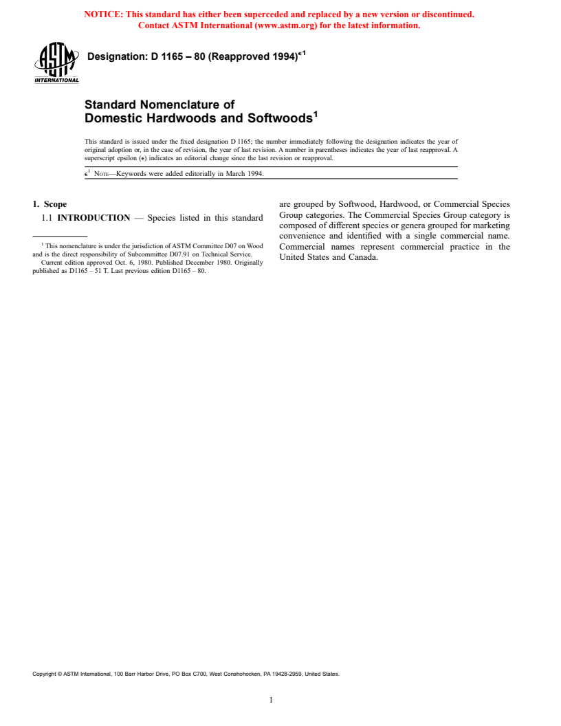 ASTM D1165-80(1994)e1 - Standard Nonmenclature of Domestic Hardwoods and Softwoods (Withdrawn 2002)