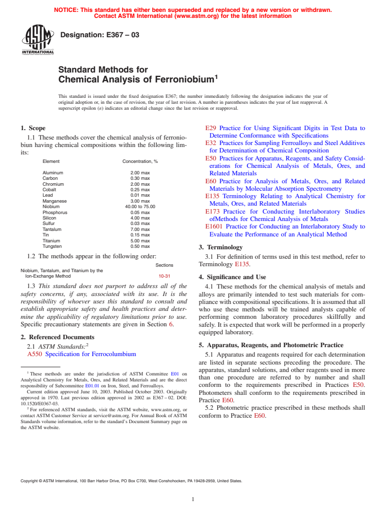 ASTM E367-03 - Standard Methods for Chemical Analysis of Ferroniobium