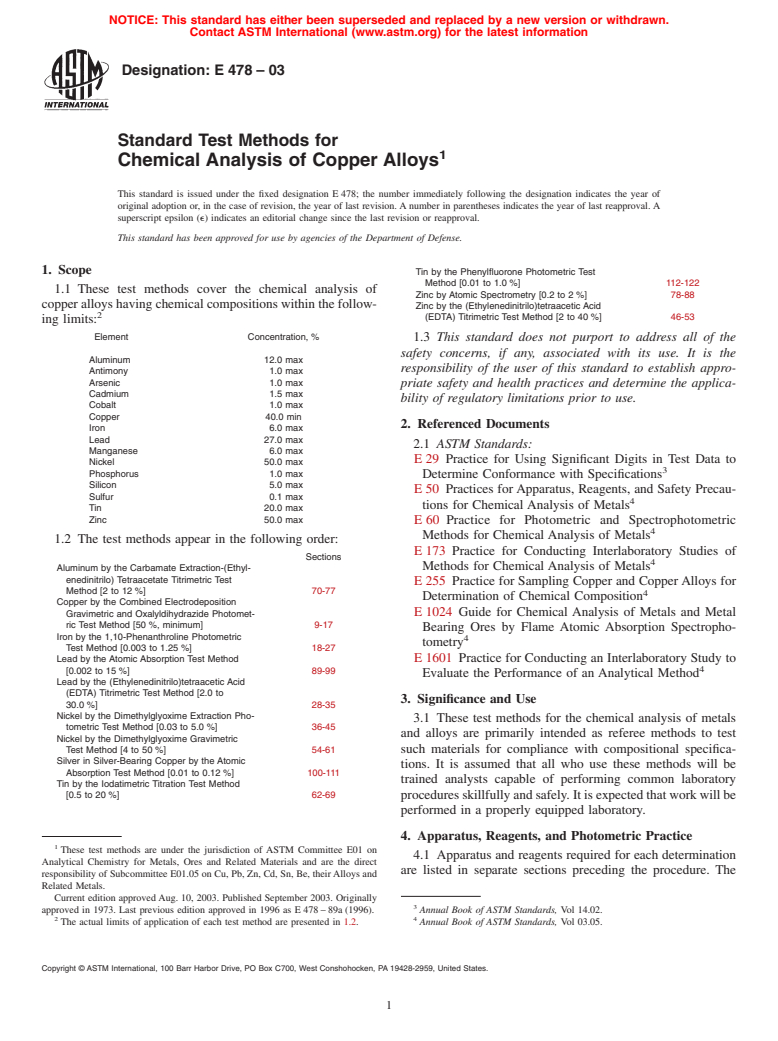 ASTM E478-03 - Standard Test Methods for Chemical Analysis of Copper Alloys