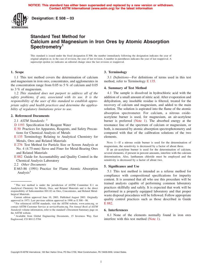 ASTM E508-03 - Standard Test Method for Calcium and Magnesium in Iron Ores by Atomic Absorption Spectrometry