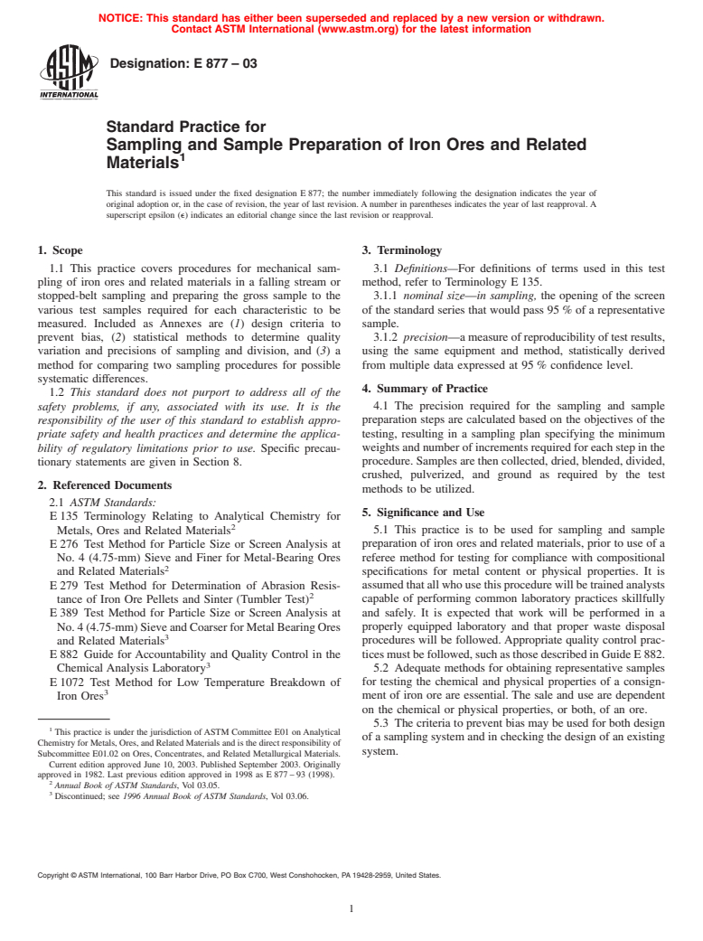 ASTM E877-03 - Standard Practice for Sampling and Sample Preparation of Iron Ores and Related Materials