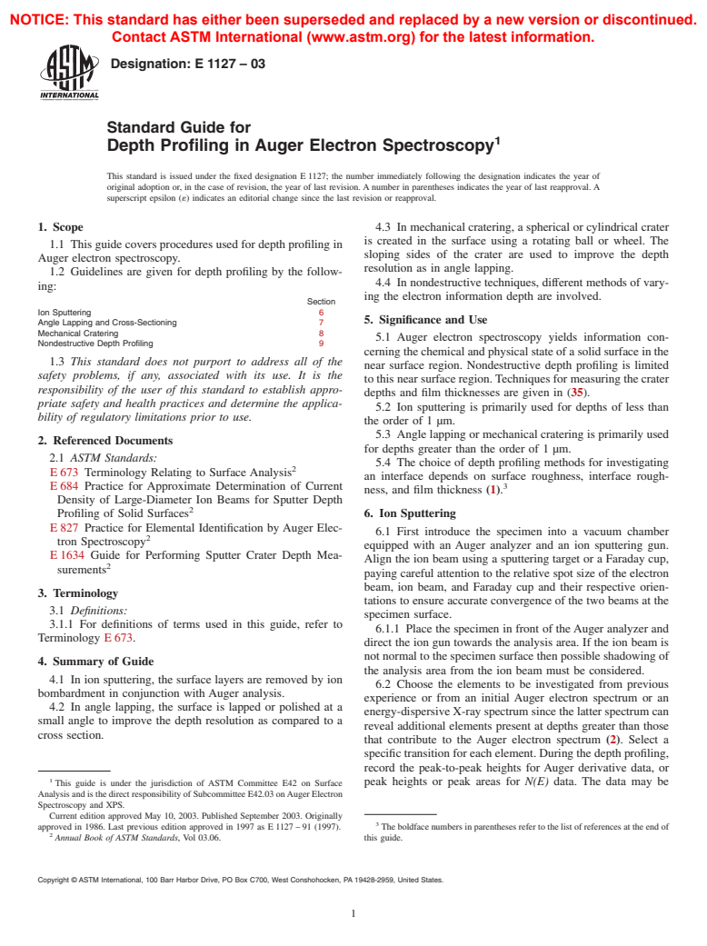 ASTM E1127-03 - Standard Guide for Depth Profiling in Auger Electron Spectroscopy