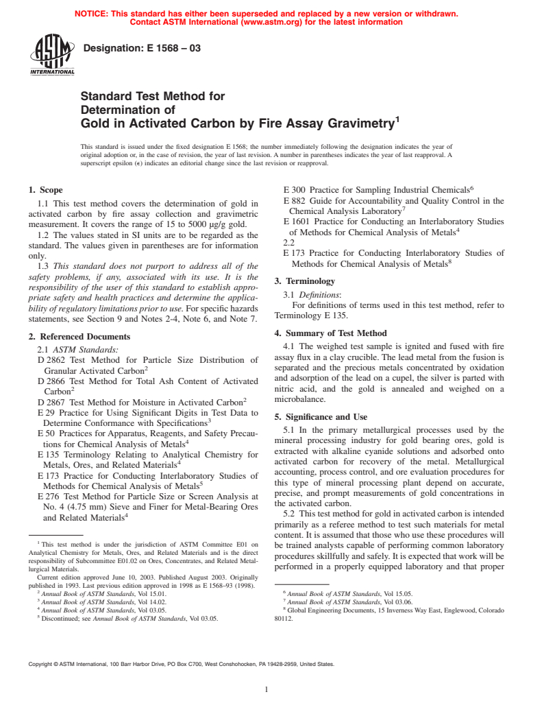 ASTM E1568-03 - Standard Test Method for the Determination of Gold in Activated Carbon by Fire Assay Gravimetry