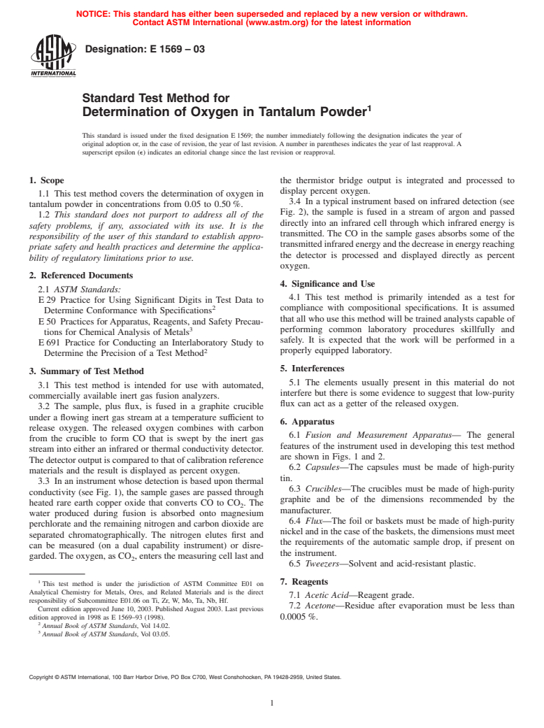 ASTM E1569-03 - Standard Test Method for Determination of Oxygen in Tantalum Powder