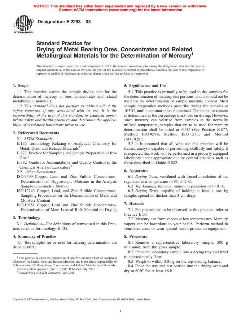 ASTM E2293-03 - Standard Practice for Drying of Metal Bearing Ores, Concentrates and Related Metallurgical Materials for the Determination of Mercury