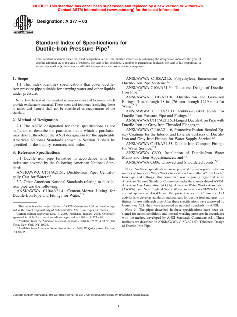 ASTM A377-03 - Standard Index of Specifications for Ductile-Iron Pressure Pipe