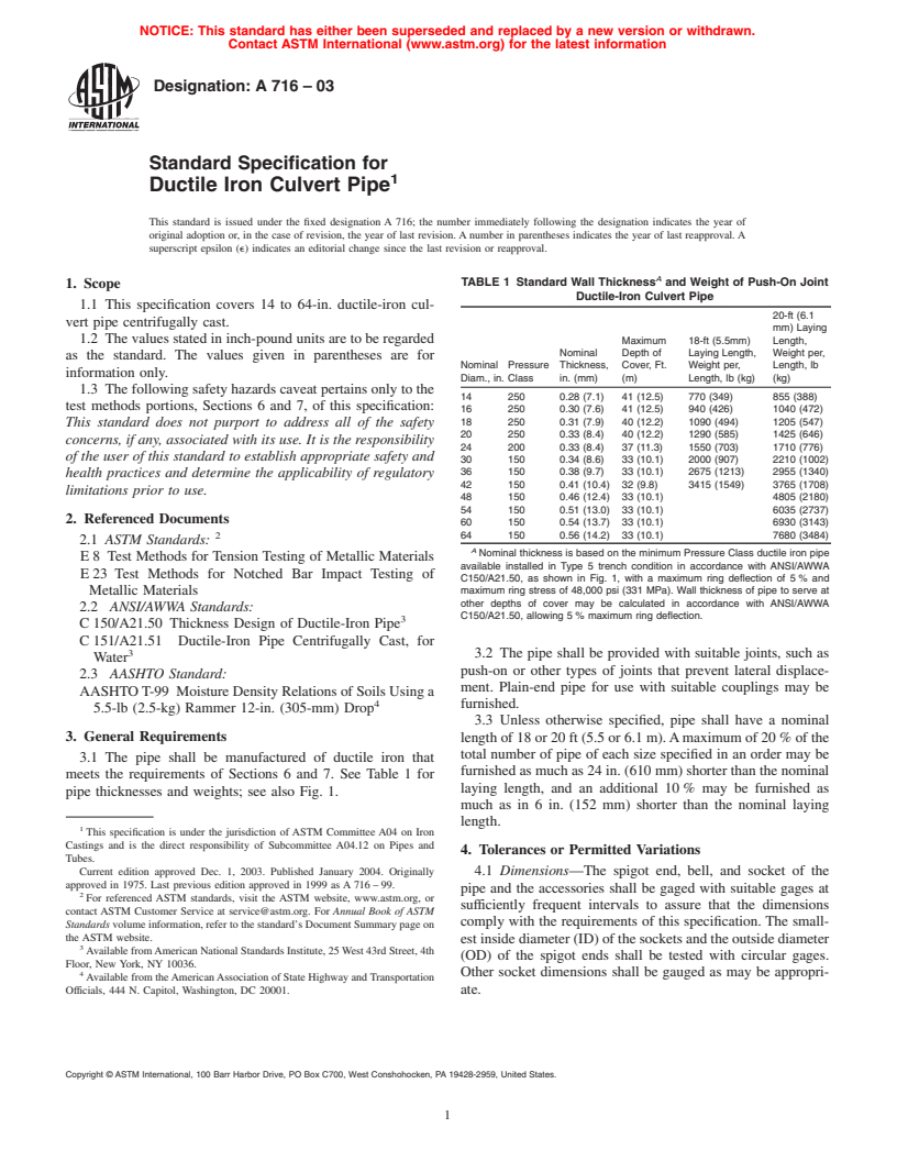 ASTM A716-03 - Standard Specification for Ductile Iron Culvert Pipe